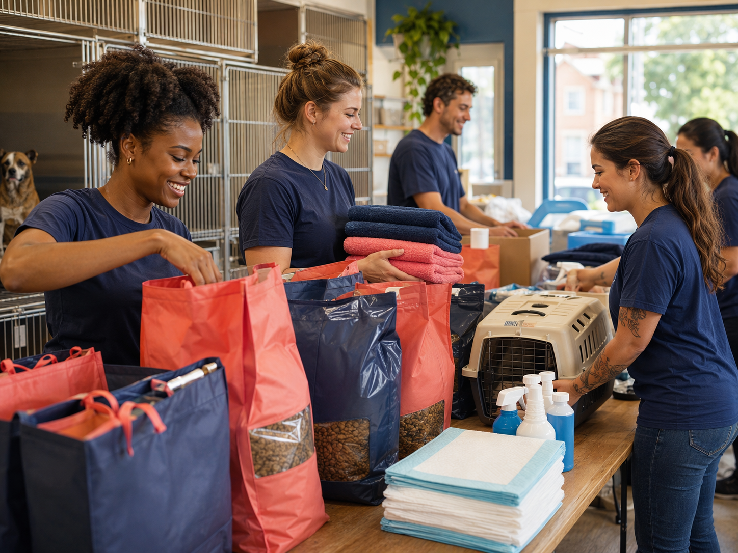 Volunteers organizing donated pet food, towels, carriers, and cleaning supplies