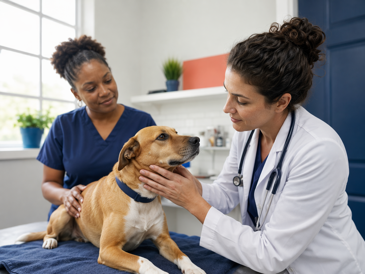 A veterinarian gently examining a dog in a community clinic