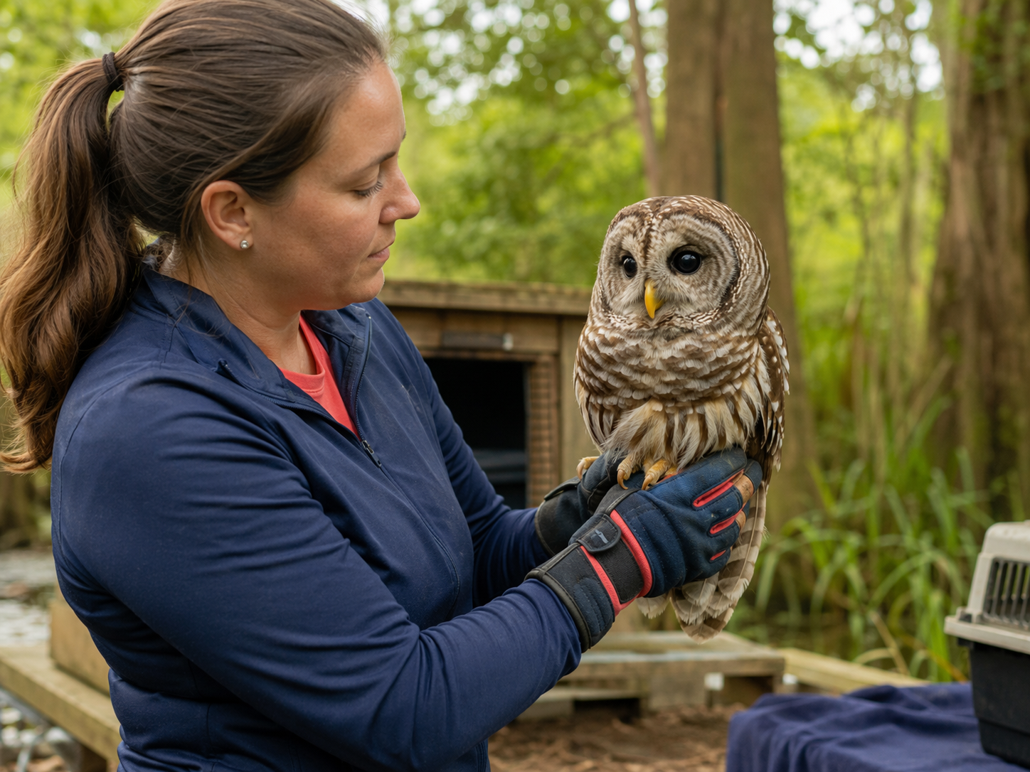 A wildlife rehabilitator carefully handling a native owl